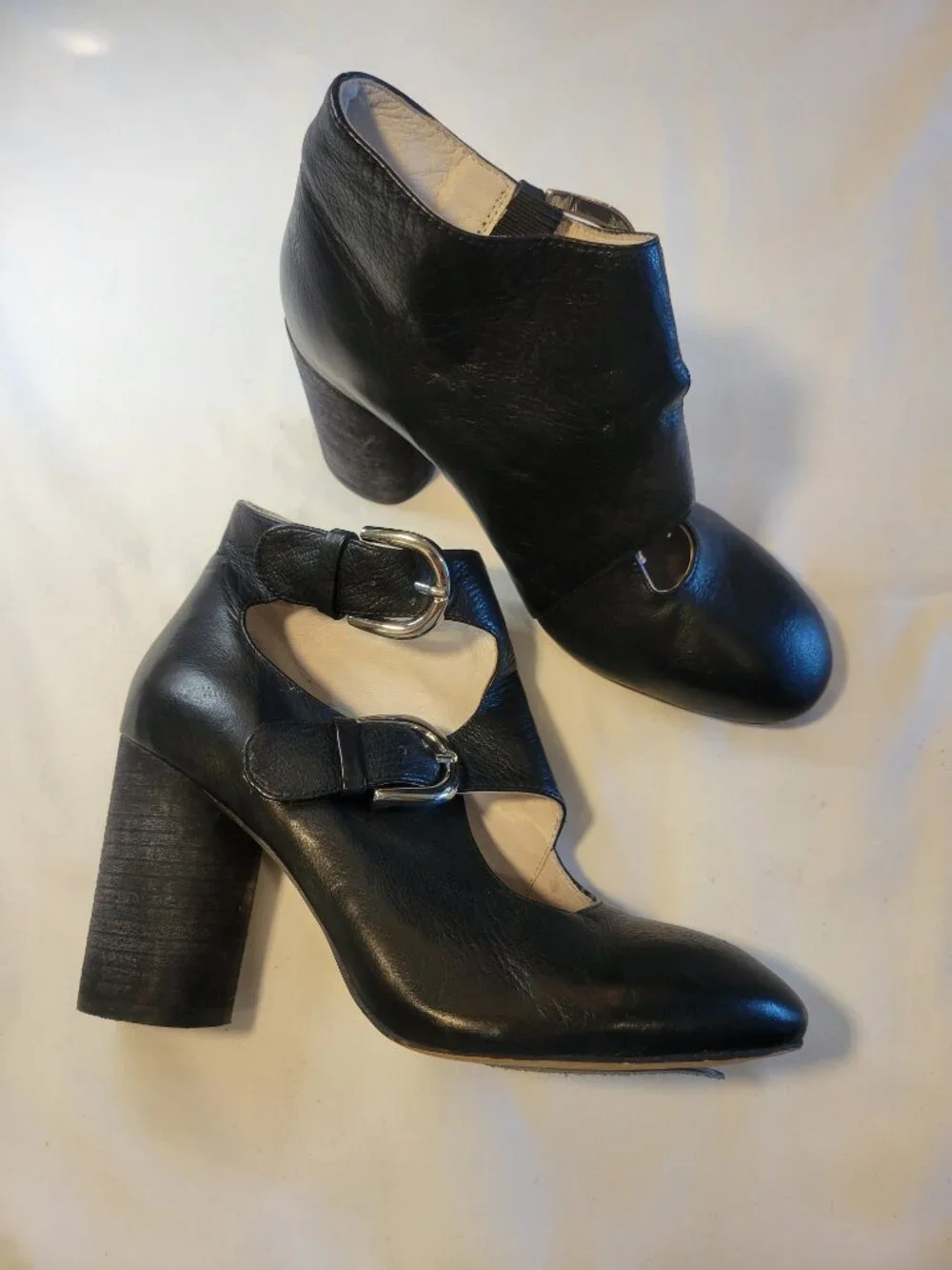 Silent D Anthropologie Black Leather Double Buckle Mary Jane Heels EU 36 US 6